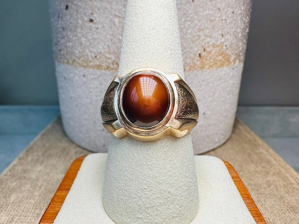 Tigers Eye Ring, Vintage Gold Gemstone Statement Ring, Chunky Unisex 1970s Cocktail Ring