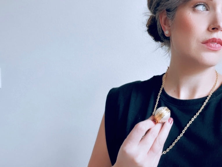 Pearl Locket Necklace, LCI Gold Locket Ball Rare Pearl Sphere Pendant Necklace, Long Chain Vintage Liz Claiborne Faux Pearl Locket Pendant