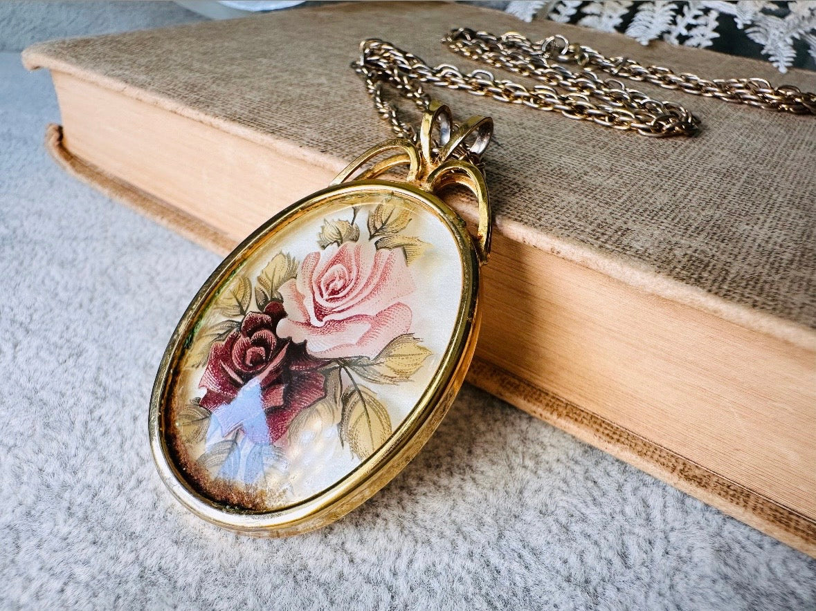 Victorian Pendant Necklace, Vintage Floral Cameo Necklace, Whimsical Cottagecore Long Gold Tone Chain with Romantic Glass Flower Pendant