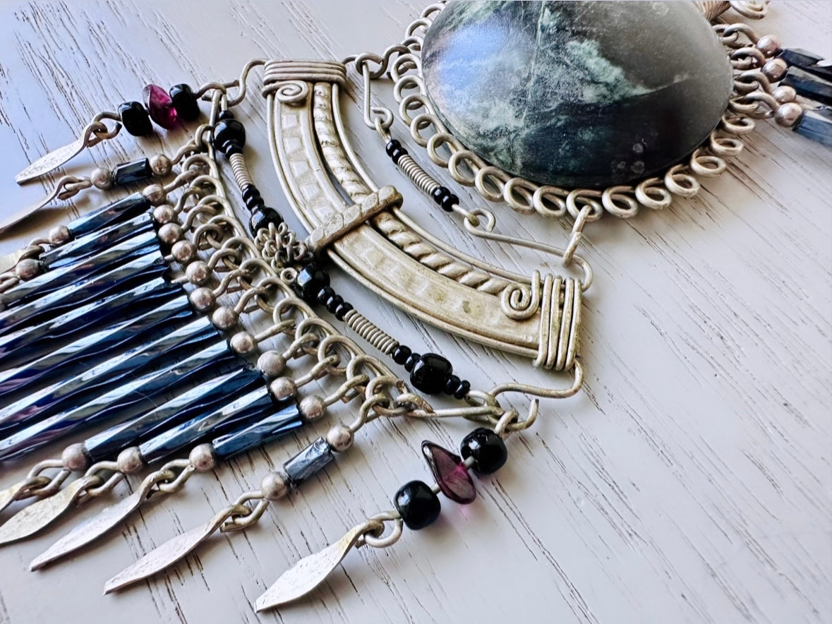 Vintage Peruvian Wire Work Necklace, Bohemian Metal Fringe Silver Grey Stone Necklace, Dramatic Boho Pendant Necklace
