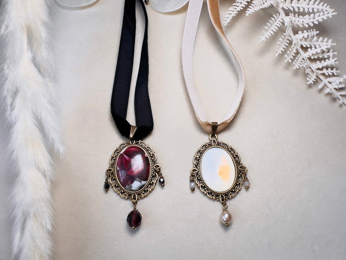 Victorian Choker with Burgundy Rose Vintage Cameo and Black Velvet Ribbon, Handmade Gothic Choker with Flower Pendant and Crystals