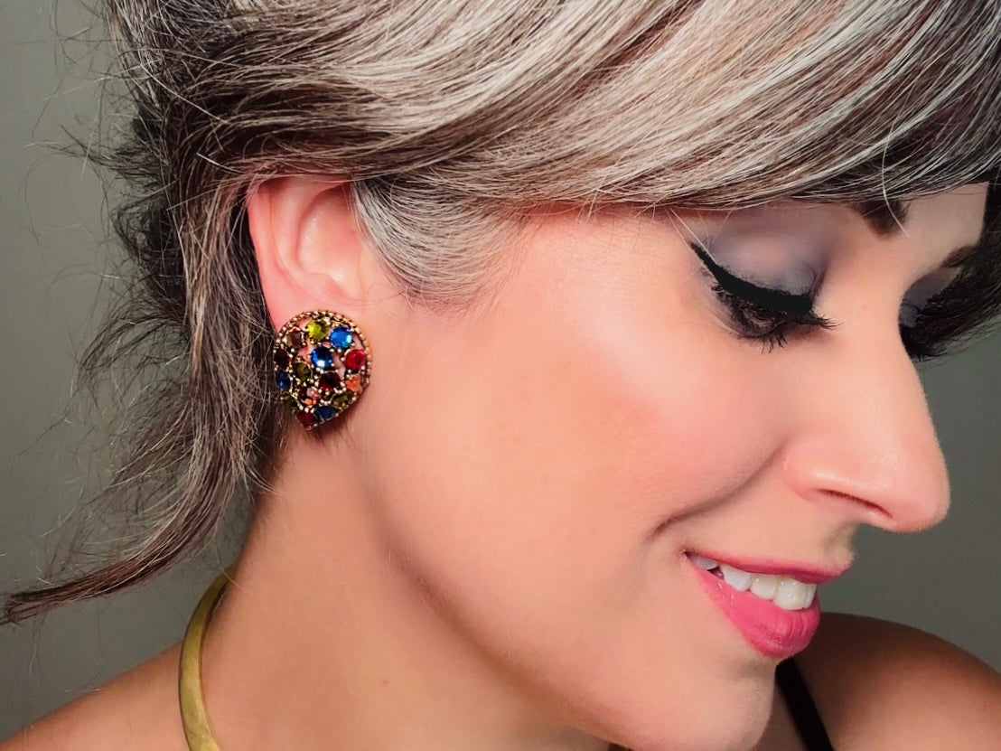 Vintage Rainbow Earrings, Colorful 60s Crystal Inverted Teardrop Clip Ons, Gorgeous Rhinestone Cocktail Earrings, Unique Statement Earrings