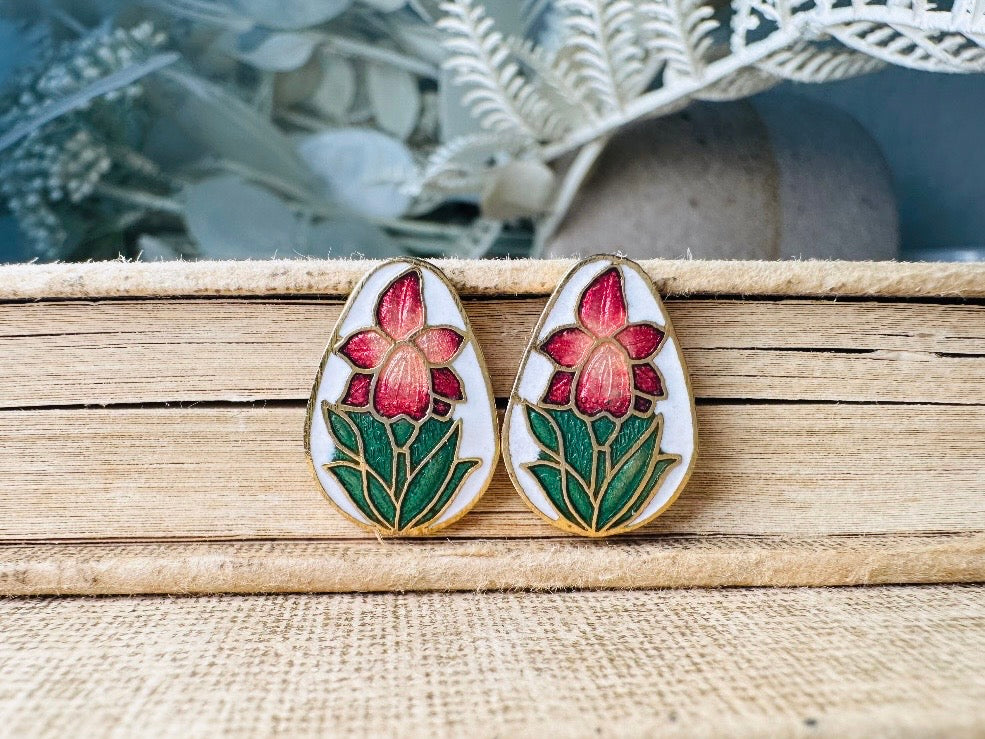 Vintage Flower Earrings, Gorgeous White Enamel Teardrops with Pink Green and Gold Cloisonné