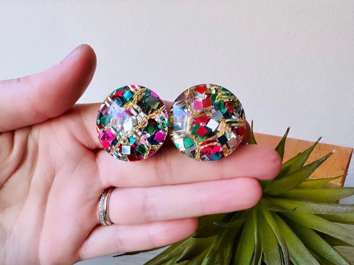 Rainbow Confetti Earrings, Glitter Rainbow Party Earrings, Vintage Colorful Confetti Clip on Earrings, Mod 60s Retro Fashion