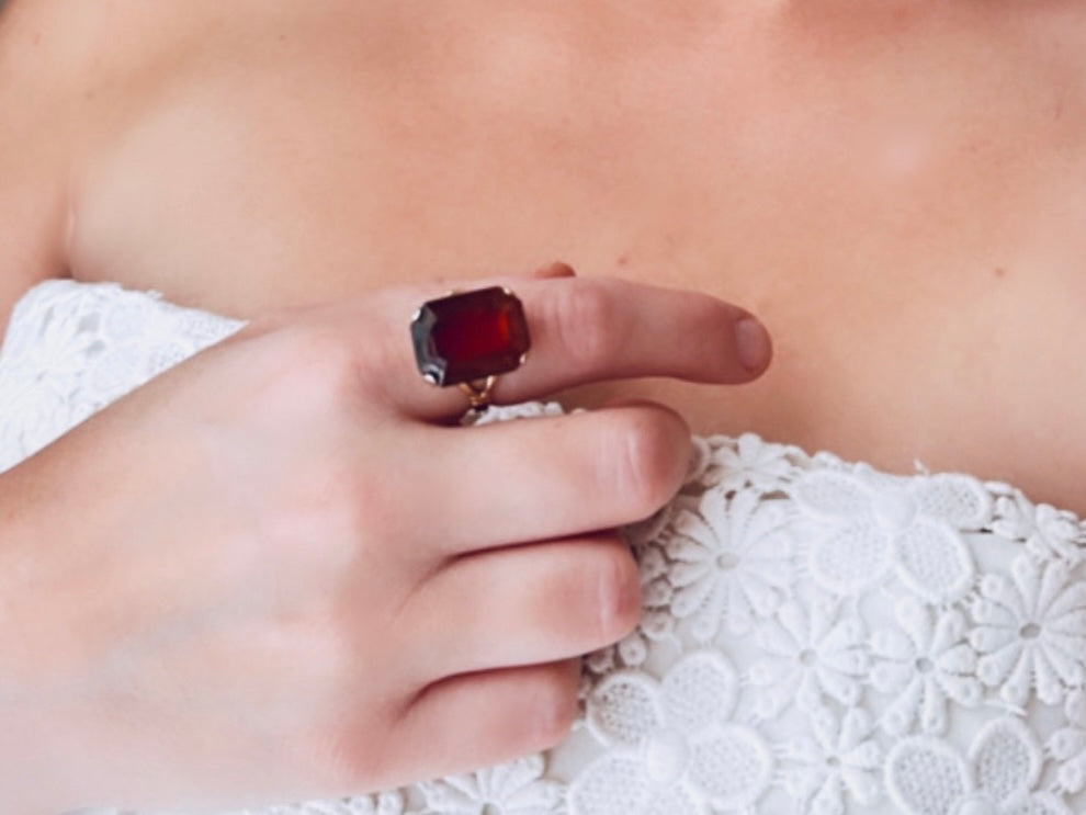 Vintage 70s Ring, Large Solitaire Topaz Rectangle Emerald Cut 1978 Smoky Lustre November Birthstone Cocktail Ring, Chunky Costume Jewelry