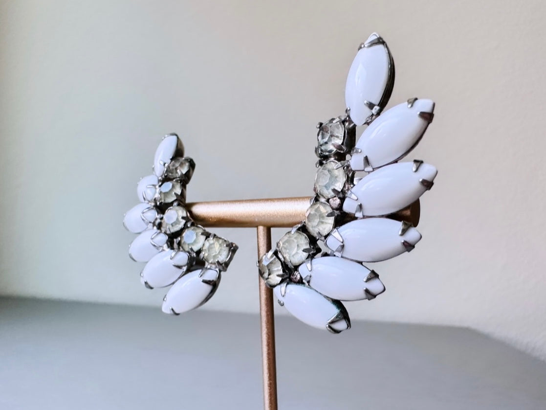 Vintage Milk Glass Earrings, 1960s Dramatic Rhinestone Clip-on Earring, Prong Set Vintage Crawler Earrings, Stunning Elegant Bridal Earrings