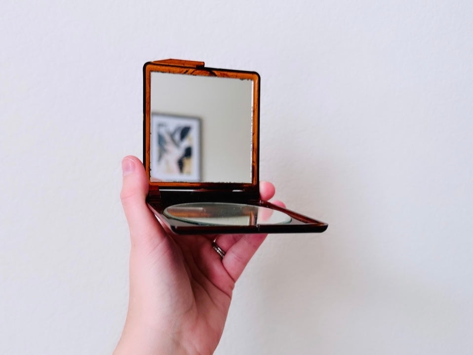 Tortoiseshell Amber Vintage Double Mirror Compact, Made in Japan, Vintage Mirror for Purse, Make-Up, Beautiful Brown Orange Fall Accessories