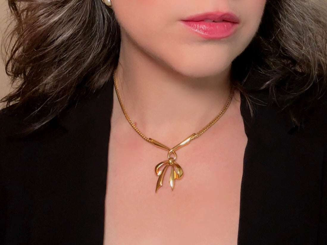 Gold Bow Necklace, Monet Vintage Gold Ribbon Pendant Necklace, Minimalist Wheat Chain Elegant Gold Knot Necklace