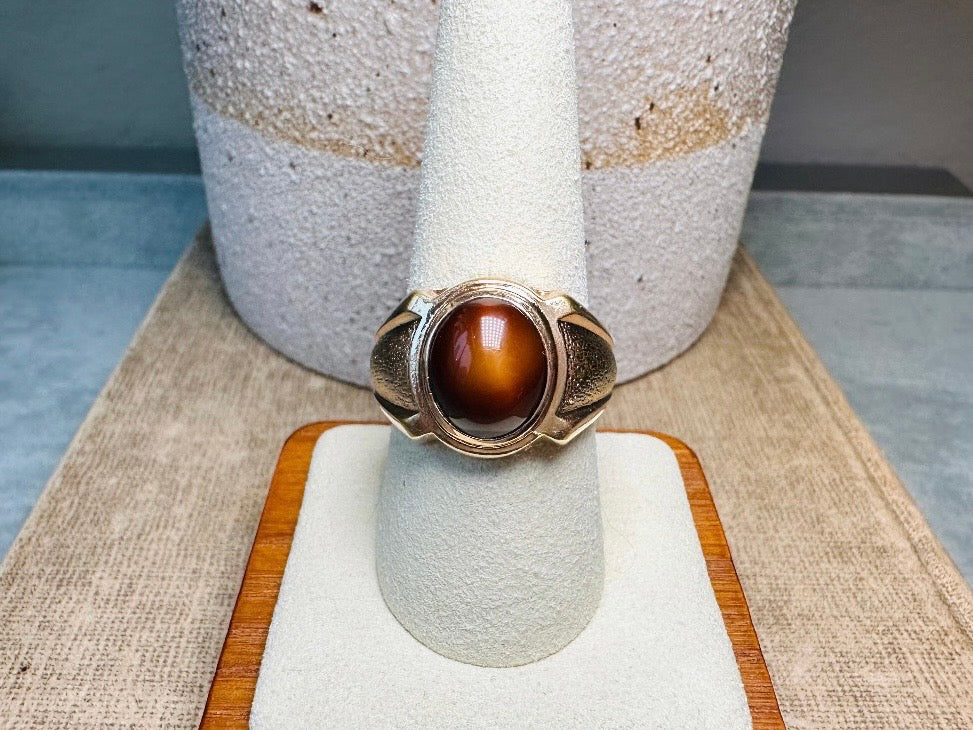 Tigers Eye Ring, Vintage Gold Gemstone Statement Ring, Chunky Unisex 1970s Cocktail Ring