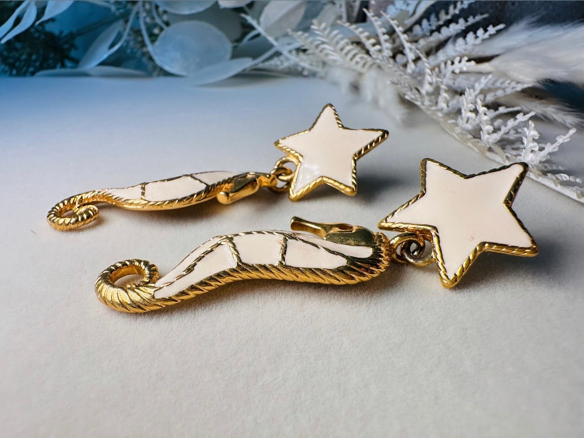 Trifari Seahorse Earrings, Vintage Gold Plated Cream Enamel Seahorses and Stars, Vintage Pierced Dangle Stud Earrings, Designer Vintage