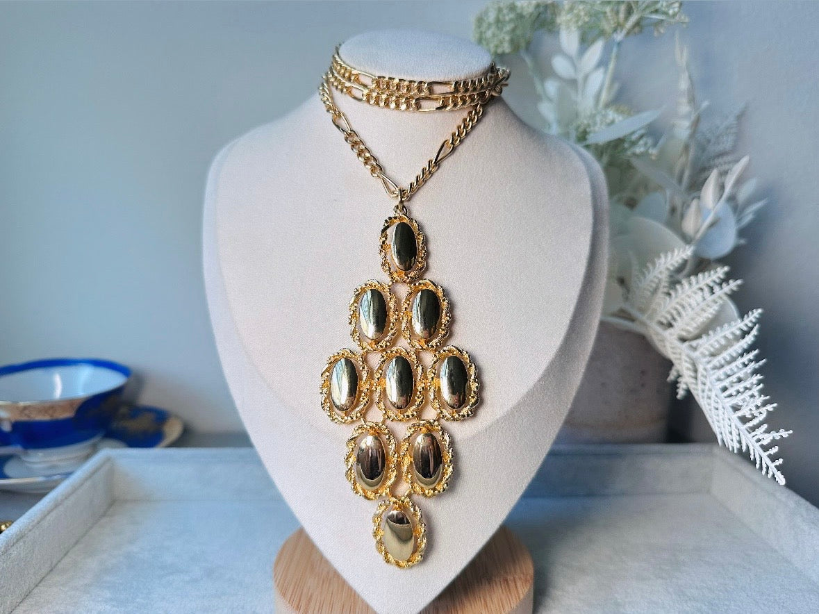 Huge Gold Pendant Necklace, Long Gold Vintage Necklace, Unique Bold Geometric Chunky Gold Necklace