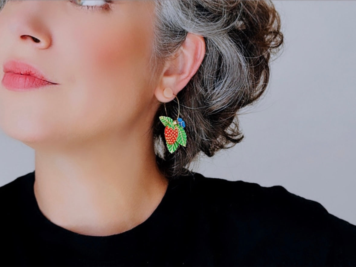Berebi Strawberry Earrings, Cute Enamel Strawberry Earrings, Fun Fruit Earrings, Pierced Enamel Hoop Earrings, Colorful Retro Designer Hoops
