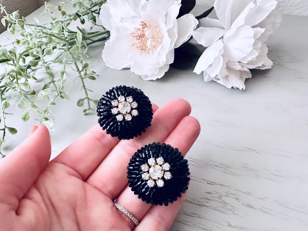 1960s Mod Vintage Beaded Statement Earrings, Black and Rhinestone Glam Clip Earrings, Rare 1960s Earrings, Retro Authentic 60s Mod Earrings