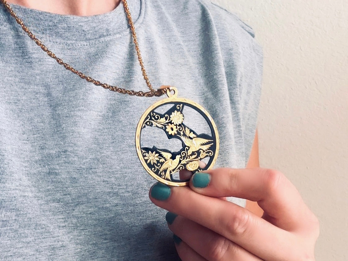 Vintage Damascene Pendant Necklace, Black and Gold Floral Bird Necklace, Etched Gold on Matte Black Intricate Cut Out Design, 24" Chain