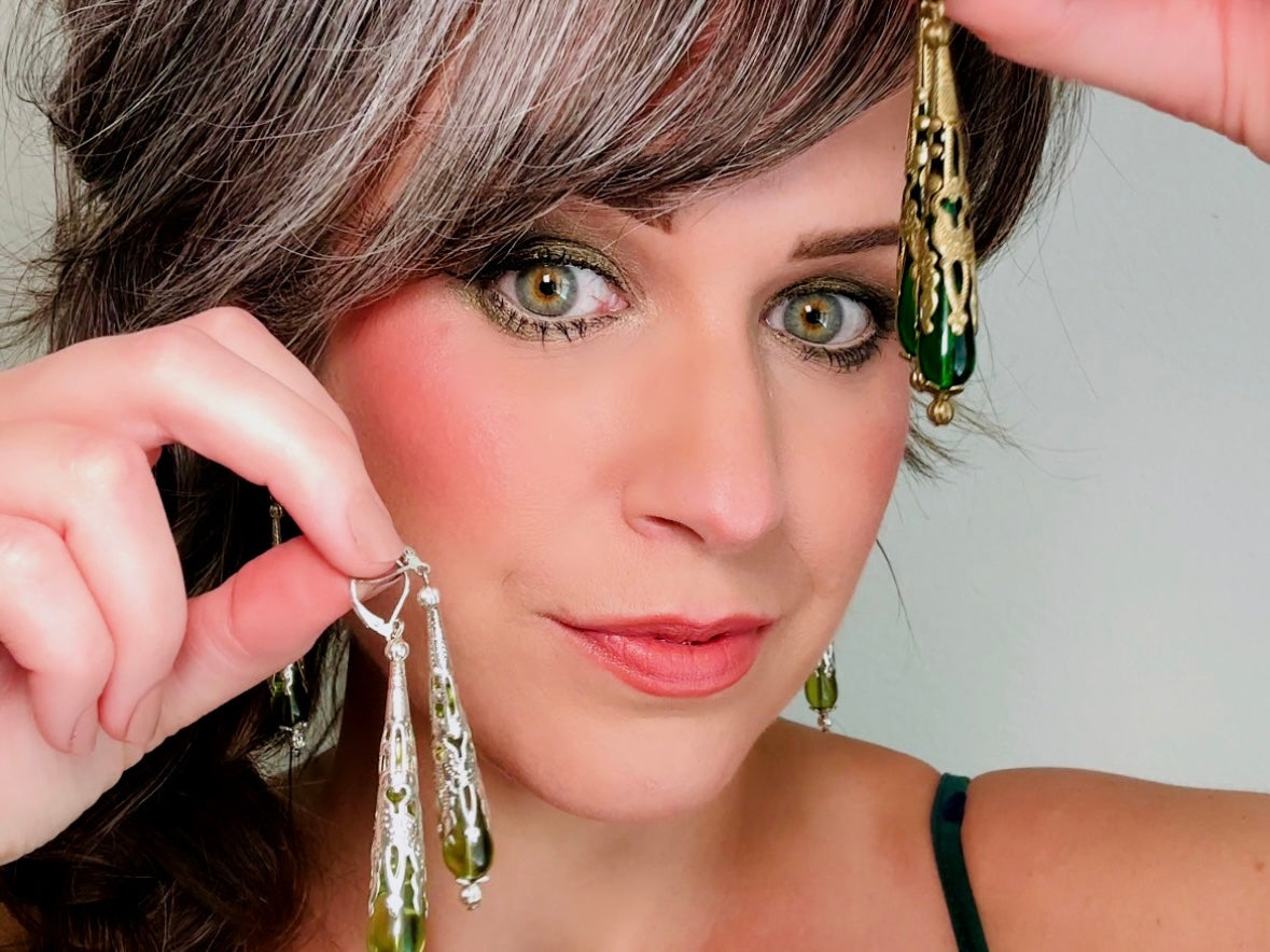 Hunter Green Teardrop Earrings, Intricate Stamped Bronze Filigree Cones Beaded Crystal Earrings, Handmade Bridgerton Inspired Dangle Earring