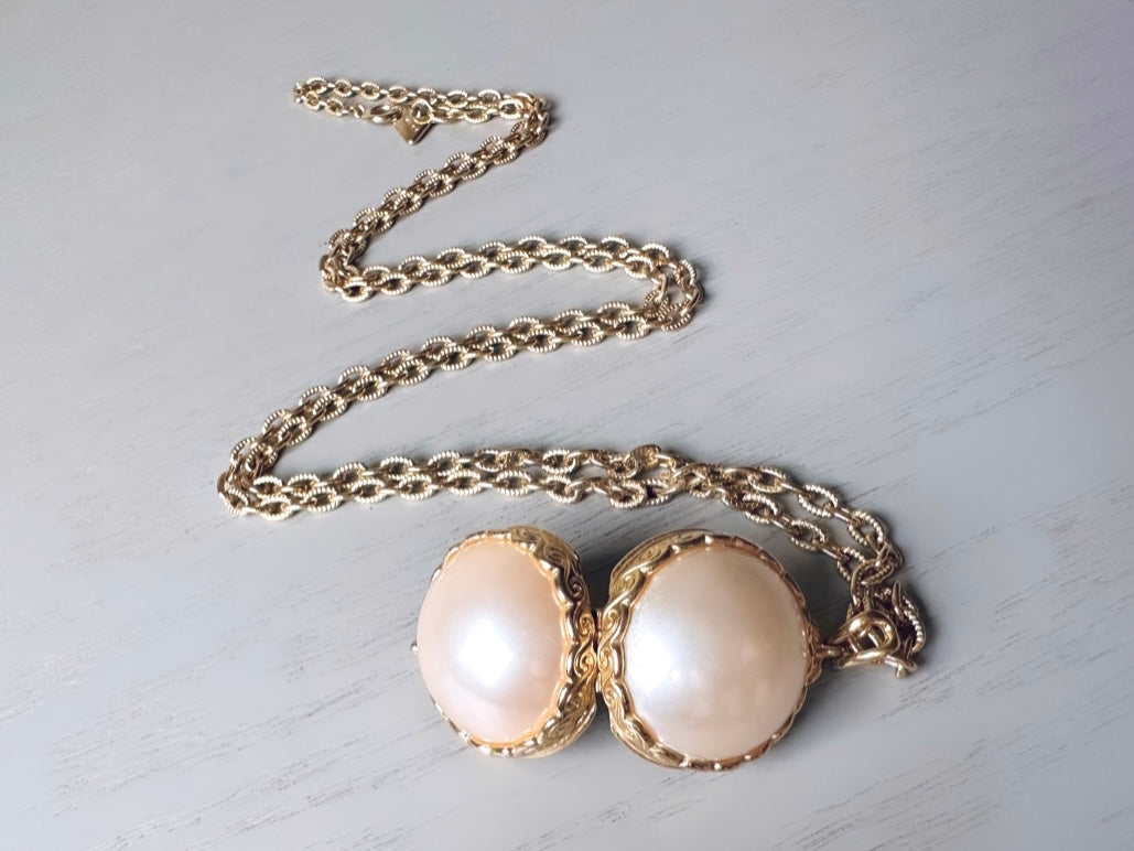 Pearl Locket Necklace, LCI Gold Locket Ball Rare Pearl Sphere Pendant Necklace, Long Chain Vintage Liz Claiborne Faux Pearl Locket Pendant
