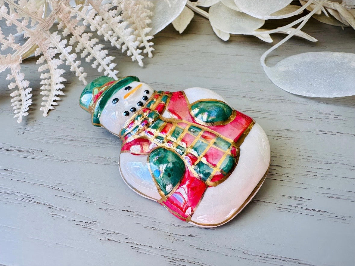 Vintage Snowman Brooch, Winter Wonderland Pin, Red White and Green Pearlized Ceramic 1980s Broach Pin, Cute Snow Man Quirky Christmas Gift