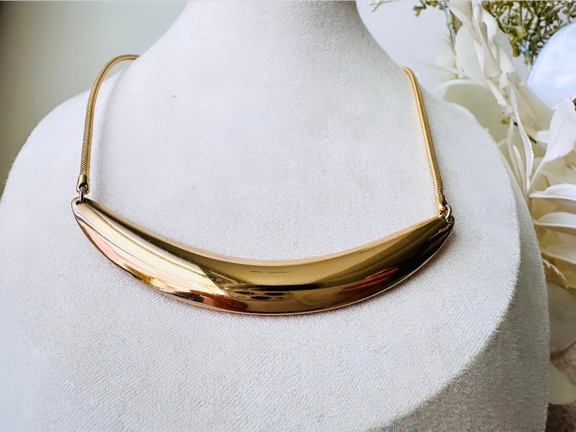 Gold Vintage Napier Choker Necklace, Sleek Gold Collar Necklace, 80's Bold Gold Geometric Crescent Bar Necklace, Signed Designer Vintage