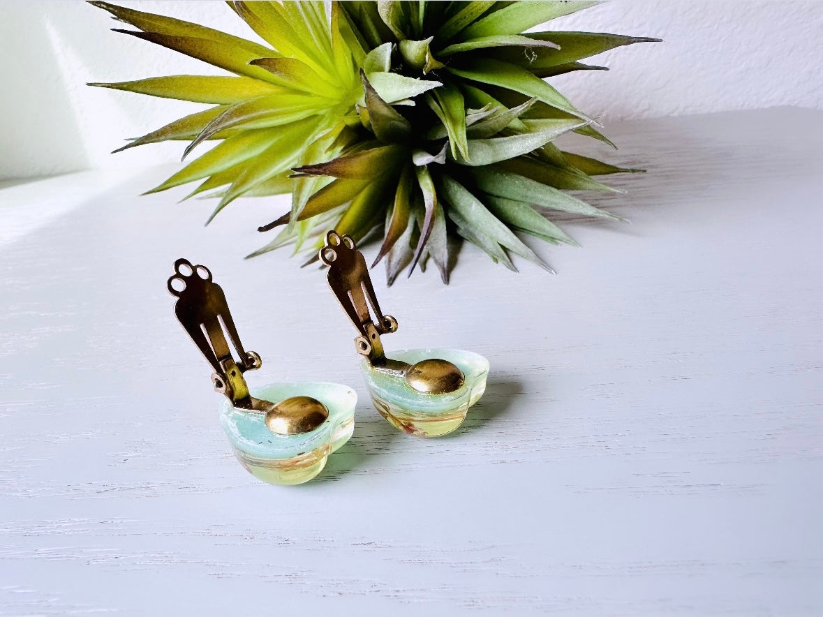 Mint Heart Earrings with Pressed Flowers, Vintage Real Flower Earrings, Seafoam Whimsical Cottagecore Dried Flowers Encased Lucite Earrings