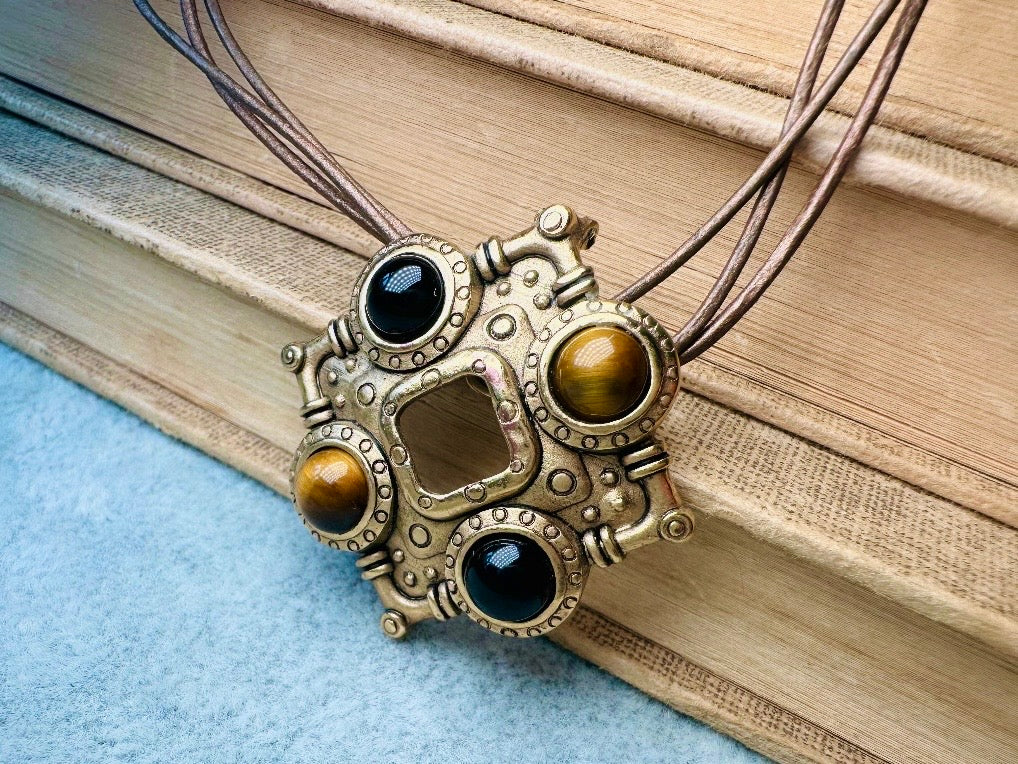 Vintage Pendant Necklace, Tigers Eye and Onyx Gemstone Pendant Necklace by Premier Designs, Etruscan Necklace with Gold Detachable Pendant