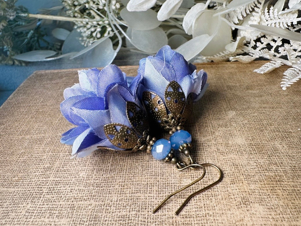 Faerie Flower Earrings in Periwinkle, Handmade Whimsical Organza Flower Earrings, Purple Blue Floral Earrings w Crystals and Hammered Bronze