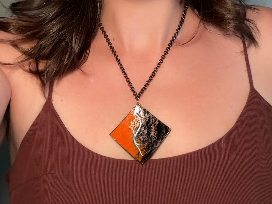 Vintage Pendant Necklace, Copper Artisan Necklace with Orange Black and White Enamel, 18" Chain Funky Abstract Retro Necklace