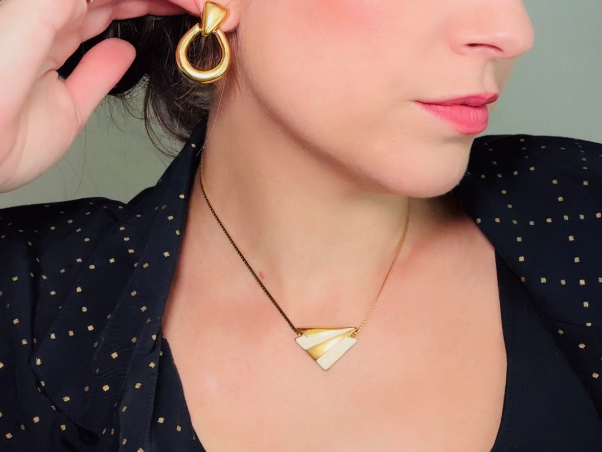 Monet Vintage 1980s Gold Triangle Pendant Necklace, 16" Short Modern Abstract Triangular Cream Enamel and Gold Designer Signed Necklace