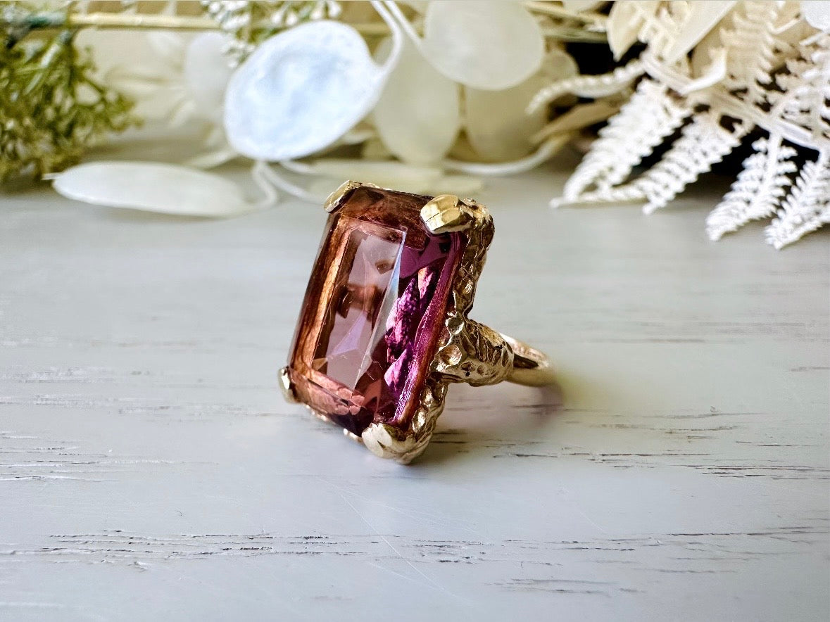 Vintage Cocktail Ring, 1973 Twilight Faux Amethyst Emerald Cut Ring