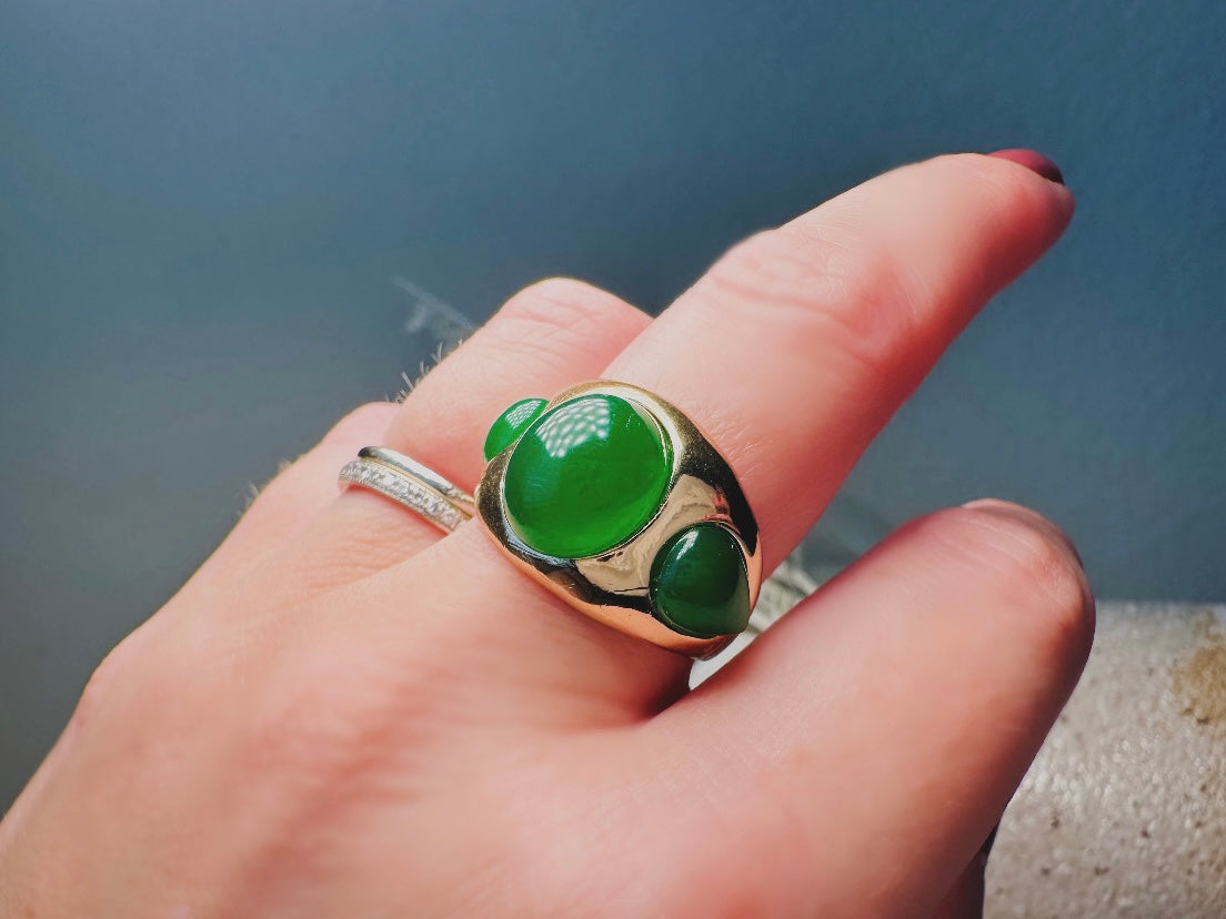 Vintage Green Cocktail Ring, Chunky Gold Ring with Three Bright Jade Cabochons, Stunning Large Statement Ring Size 9