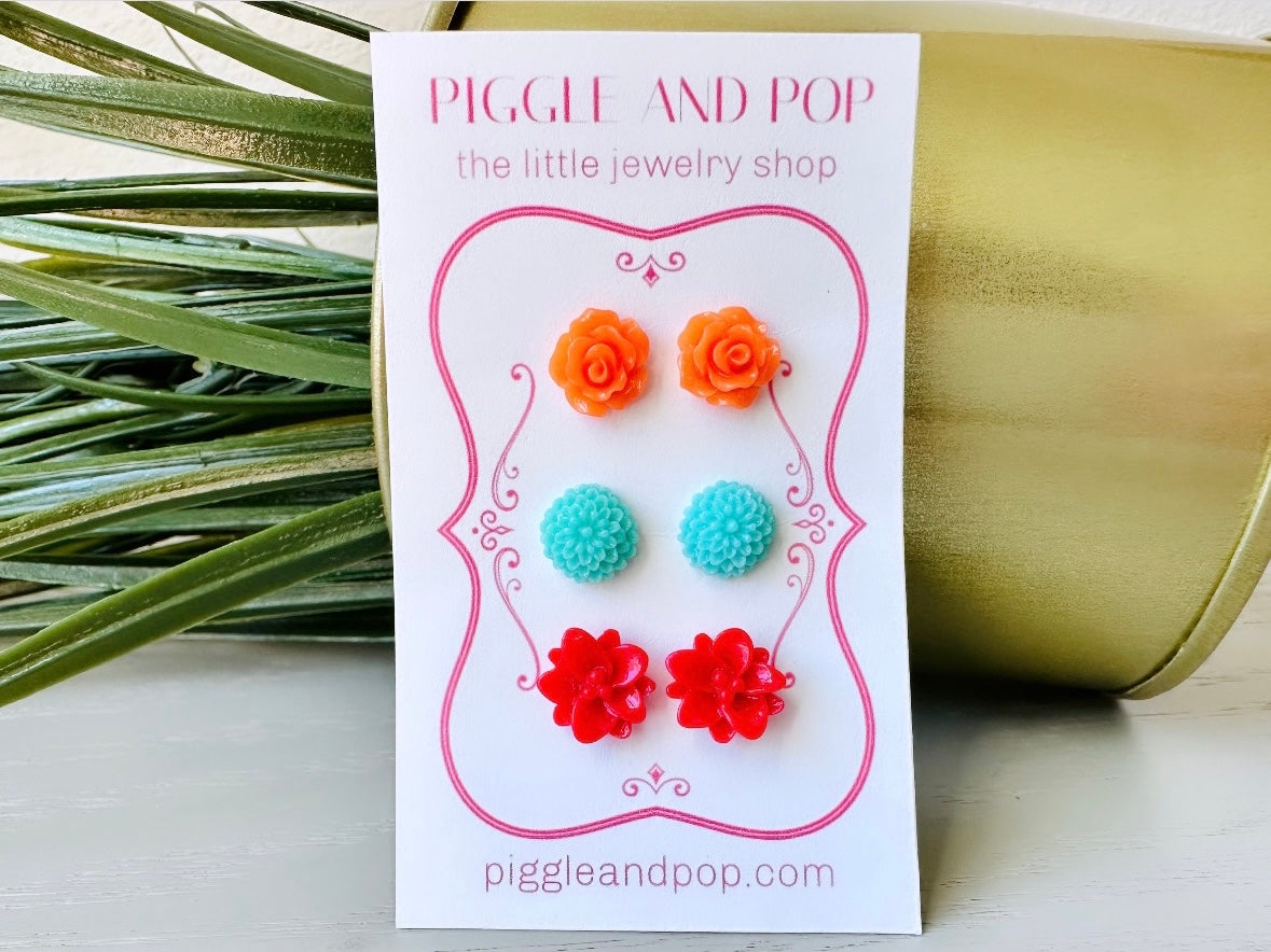 Flower Earring Stud Set, Flower Stud Earrings, Orange Rose Earrings, Aqua Dahlia Studs, Red Lotus Earrings, Hypoallergenic Surgical Steel FSE3
