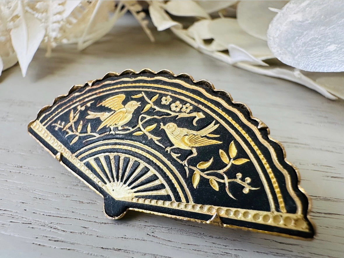 Vintage Damascene Brooch, Black and Gold Floral Bird Pin, Etched Gold on Matte Black Intricate Fan Brooch