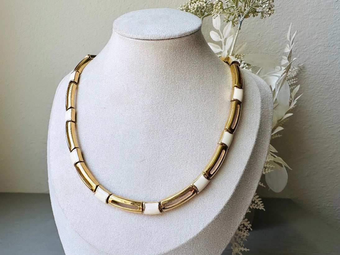 Vintage Monet Necklace in Cream and Gold, 1970s Vintage Designer Jewelry, Geometric Gold Bar Panel Link Choker Necklace, Adjustable Length