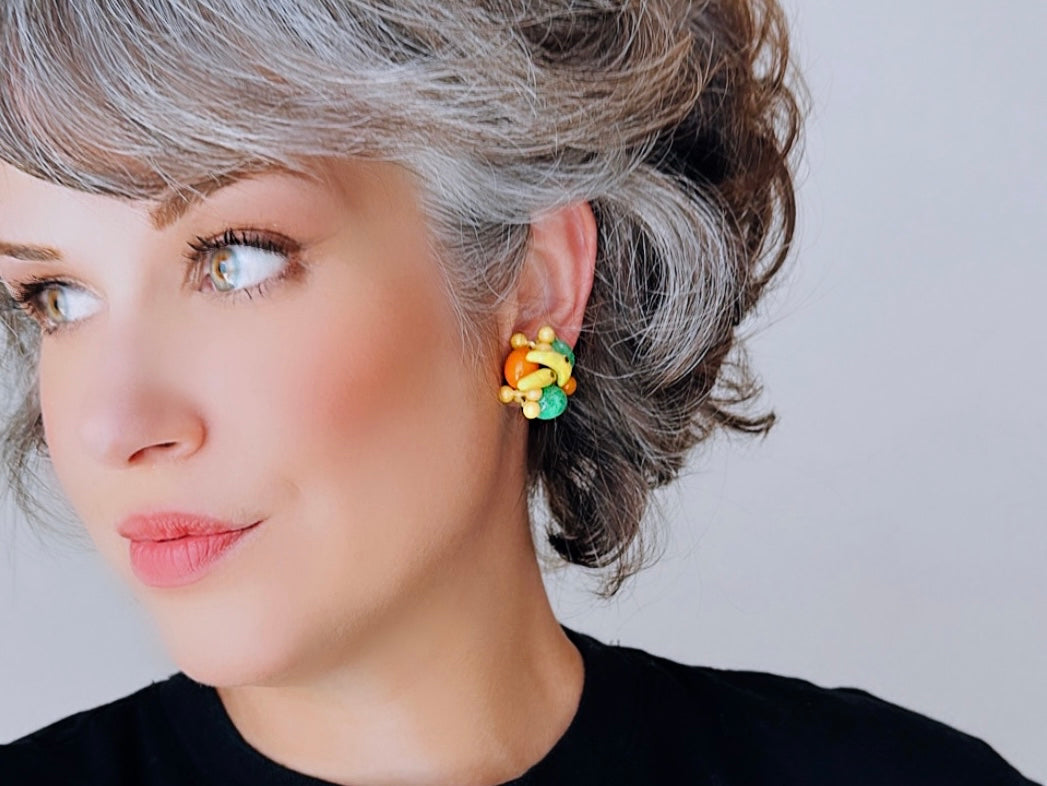 Fruit Salad Earrings, Iconic Carmen Miranda Fruit Earrings, Vintage West Germany Clip on Earrings, Glass Fruit Bowl Banana Apple Orange