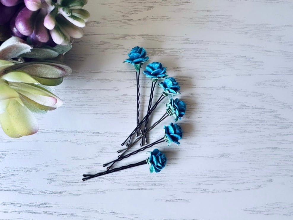 Teal Rose Bobby Pins, Peacock Blue Wedding Flower Hair Pins, Handmade Paper Hair Flowers, Spring Summer Bridesmaid Hair Pin, Jewel Tone Hair by Piggle and Pop