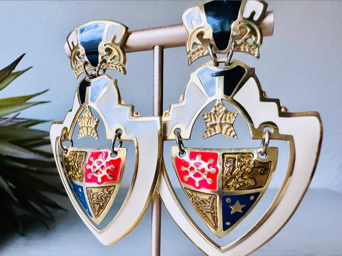 Huge Vintage Shield Berebi Earrings, 1980s Runway Chic Earrings, Dramatic Maximalist Earrings, Pierced Enamel Coat of Arms Earrings