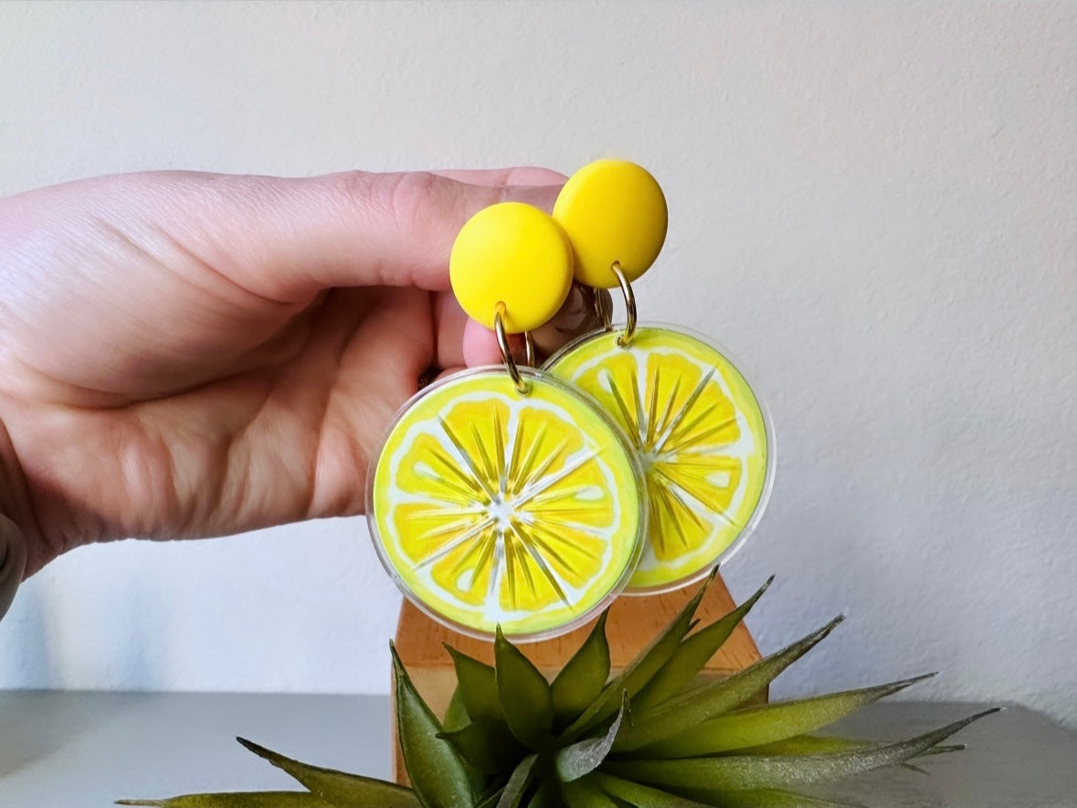 Bright Yellow Lemon Earrings, 1993 Tooty Fruity Summer Fruit Earrings, Vintage Acrylic Earrings, Big 90s Does 60s Retro Lemon Slice Earring