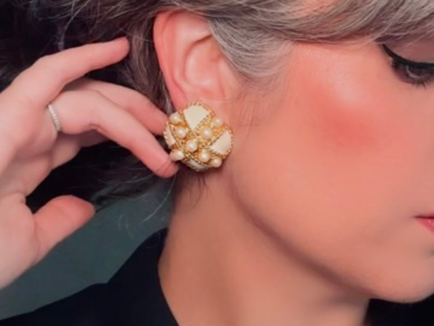 Vintage Pearl Earrings, Extraordinary 80s Mogul Vintage Square Earrings, Cream + Gold Textured Clip-On Earring, Gold Rope, Enamel and Pearls