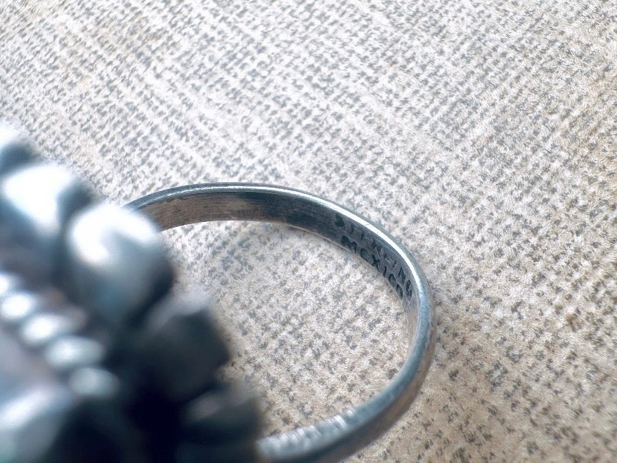 Green Stone Ring, Mexican Sterling Silver Ring, Unique Green Stone Ring, Earth Talisman Ring, Carved Curved Rectangle Boho Ring