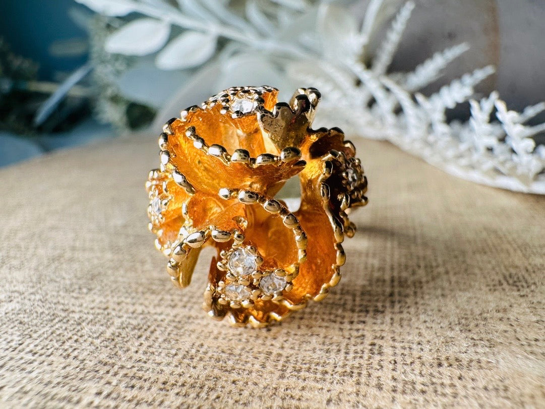 Vintage Statement Ring, Napier Ruffled Gold Flower Ring with Swarovski Crystal Accents, Chunky Multi Stone Cocktail Ring 18K Size 6 EUC