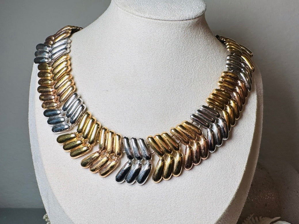 Vintage Monet Collar Necklace, Striking Tritone Cleopatra Choker in Gold, Silver + Copper, Chunky Herringbone Articulated Statement Necklace