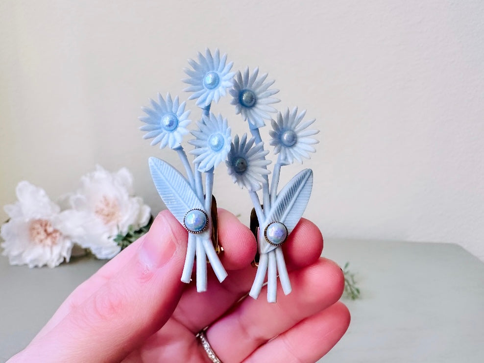 Ice Blue Flower Earrings, 50s Vintage Blue Celluloid Climber Earrings, Blue Soft Plastic Flower Earring w Pearls Dramatic Floral Clip Ons