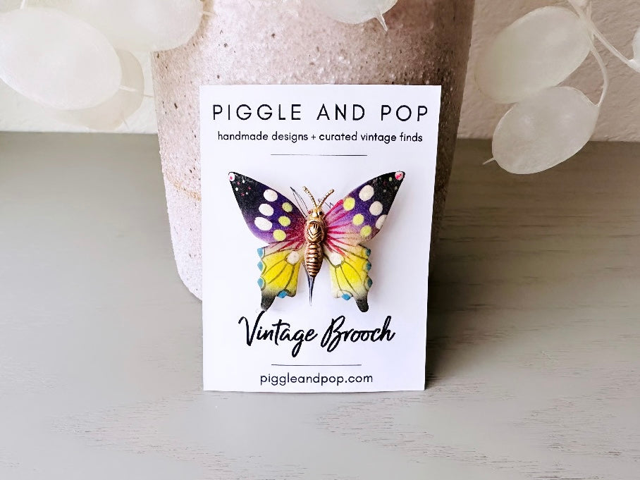 Colorful Butterfly Brooch, Pretty Vintage Enamel Butterfly Pin, Beautiful Purplr Pink Yellow and Gold Tone Butterfly Broach, Spring Fashion