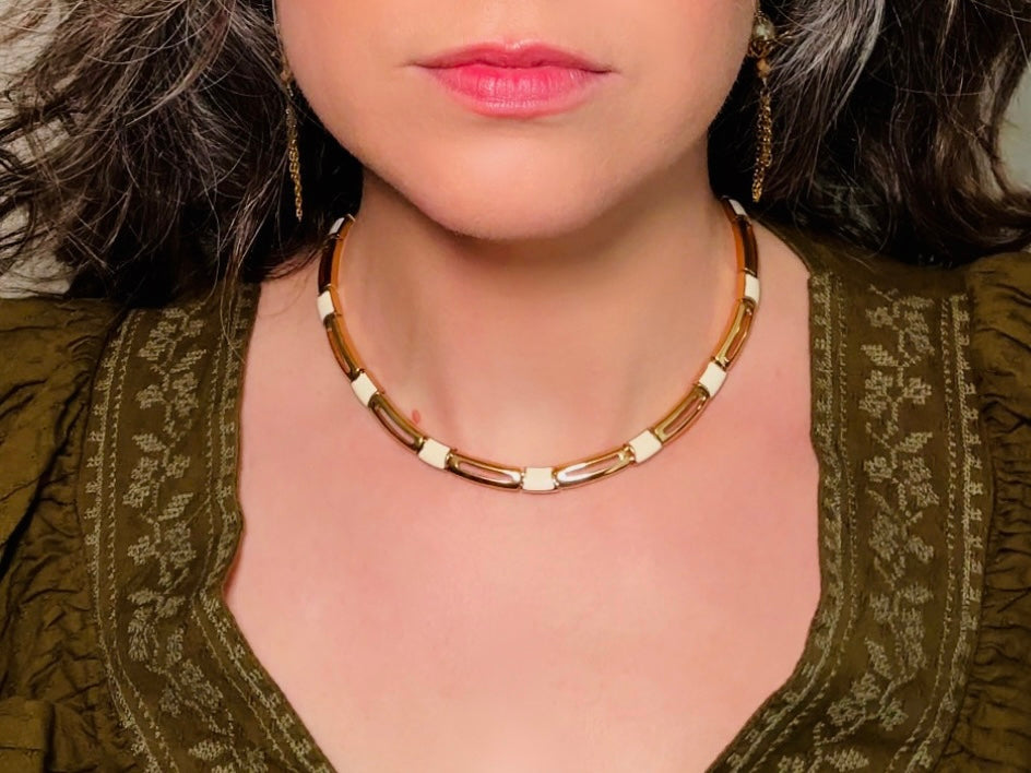 Vintage Monet Necklace in Cream and Gold, 1970s Vintage Designer Jewelry, Geometric Gold Bar Panel Link Choker Necklace, Adjustable Length