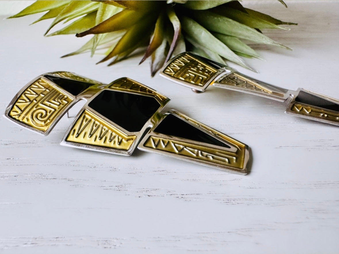 Rare Vintage Berebi Earrings, 1980s Black and Gold Pierced Post Earrings, 80s Dramatic Graduated Tiered Triangle Pierced Earrings