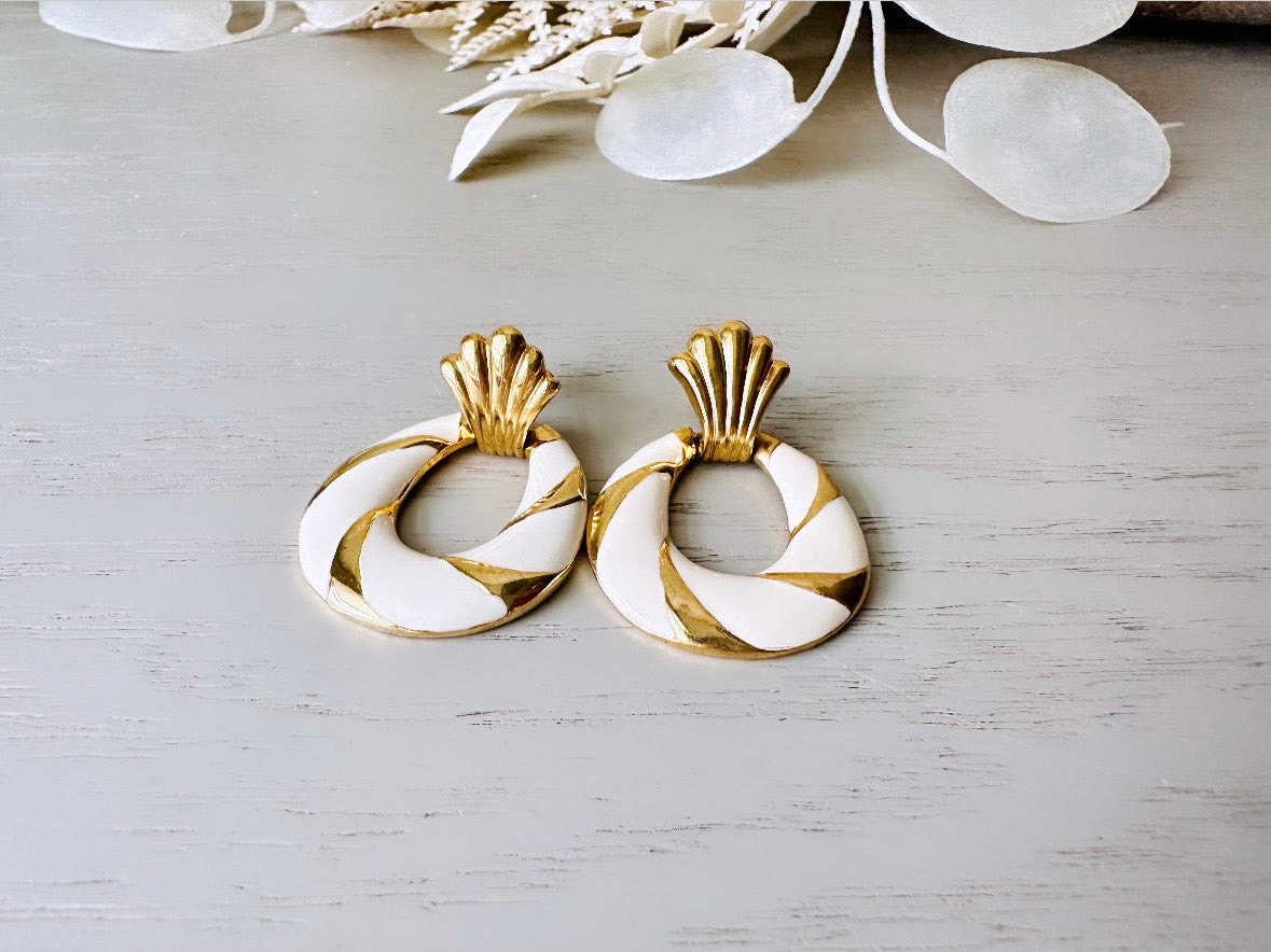 Vendome Cream and Gold 80's Door Knocker Earrings, Vintage Vendome Pierced Earrings, 1980s Designer Jewelry Gorgeous Hoop Post Earring