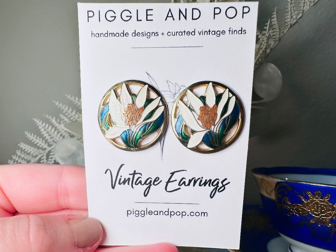 White Lily Clip On Earrings, Unique Enamel Cut Out Earrings, Gorgeous Vintage Lily Earrings in Gold, Green and Blue Cloisonné Earrings