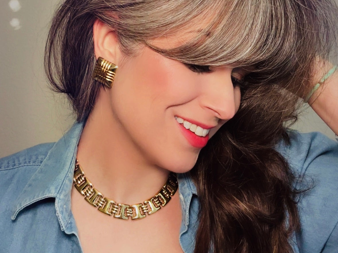 Gold Monet Necklace, 16" Interlocking Link Gold Choker Designer Vintage 80s Gold Choker Necklace, High Fashion Runway Shiny Gold Collar