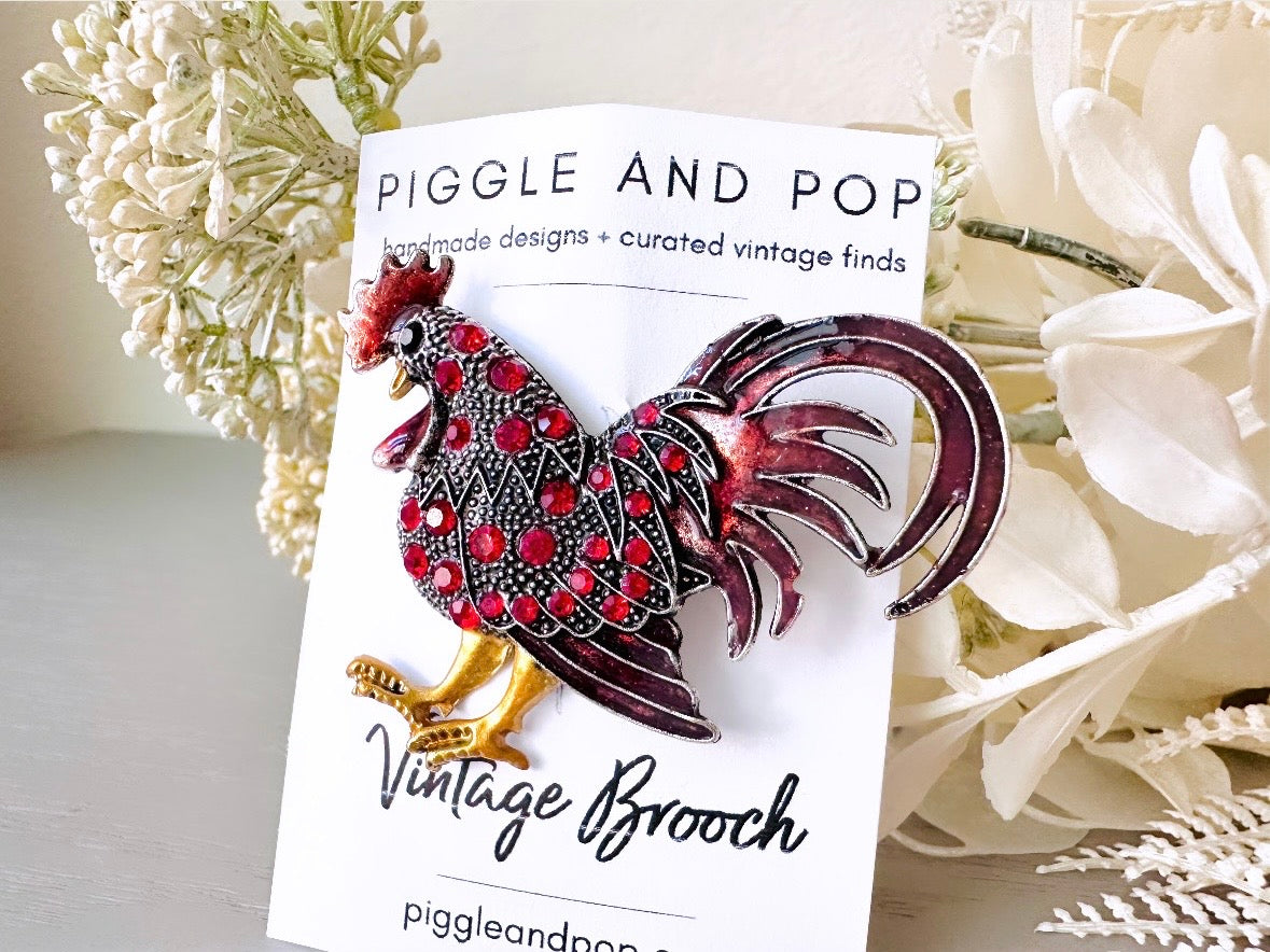 Vintage Rooster Brooch with Rhinestones, Festive Silver Rooster Figural Pin with Enamel Accents, Adorable Kitschy Vintage Pin