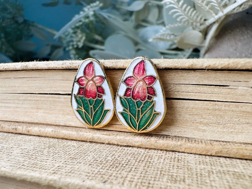 Vintage Flower Earrings, Gorgeous White Enamel Teardrops with Pink Green and Gold Cloisonné