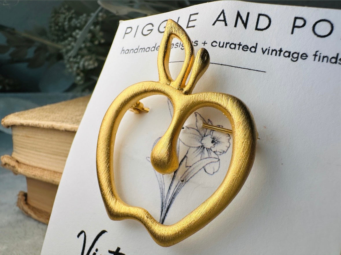Gold Apple Brooch, Whimsical Vintage Brushed Gold Brooch, Perfect Teacher Gift for Back to School, Bookish Quirky Brooch, Cute Fruit Pin